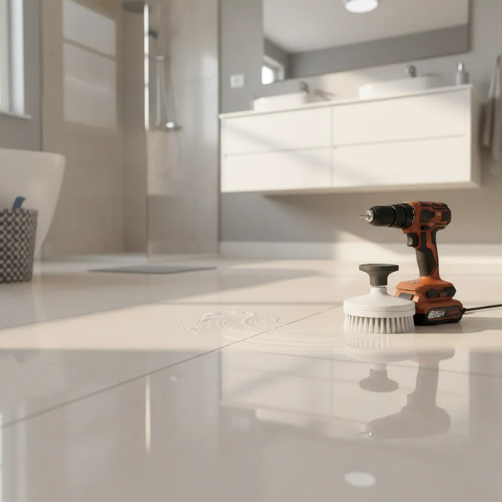 Drill scrubbing pad cleaning bathroom tiles safely