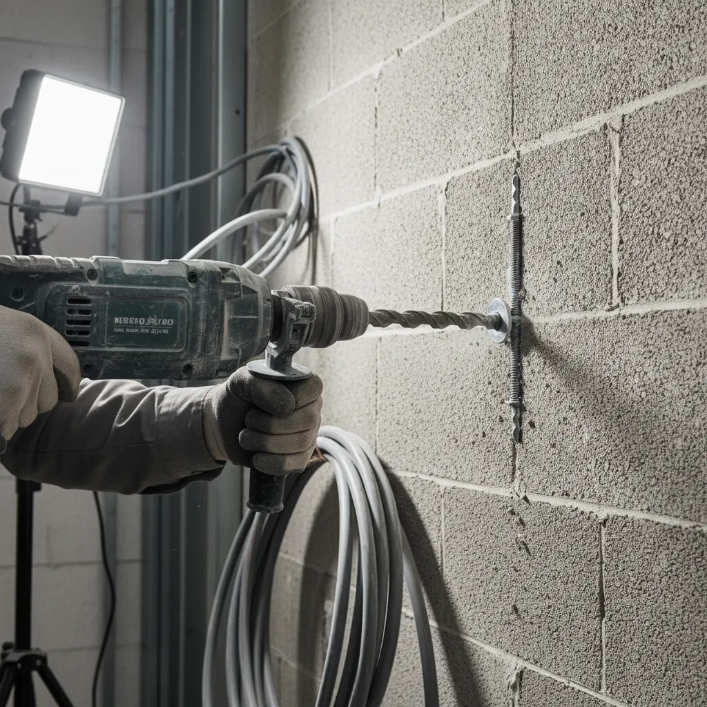 installing masonry anchor into concrete block wall with drill