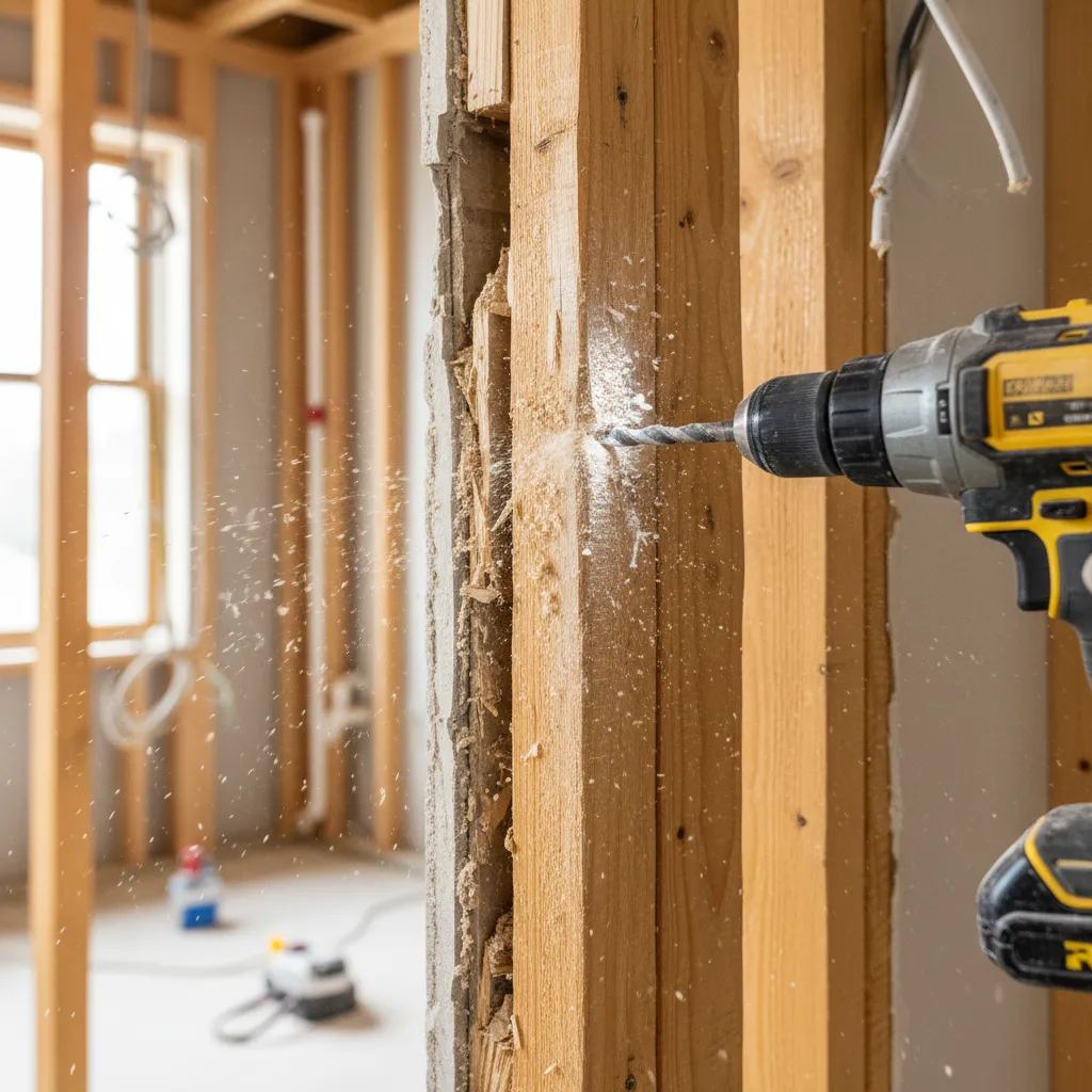Close-up of drilling a pilot hole into a wall stud with power drill