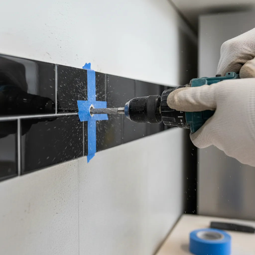 Drilling a hole through a kitchen tile backsplash using a tile drill bit