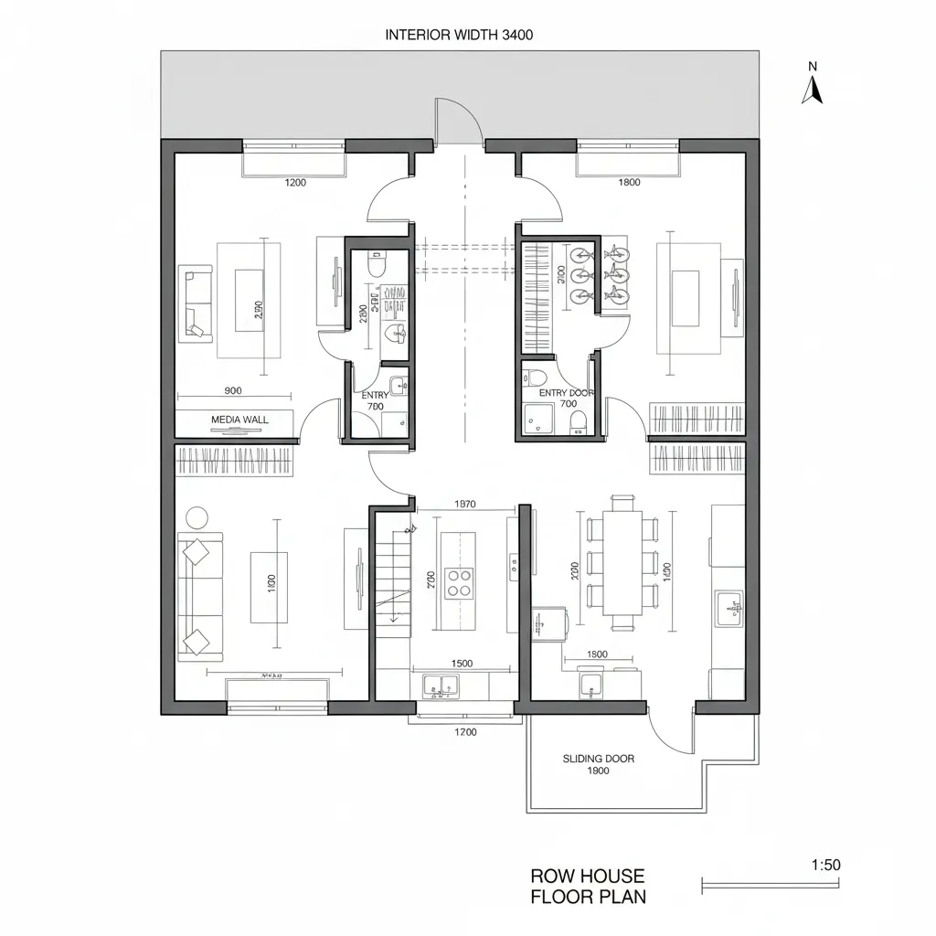 Row house room layout with two living rooms central stairs kitchen dining area and sliding doors