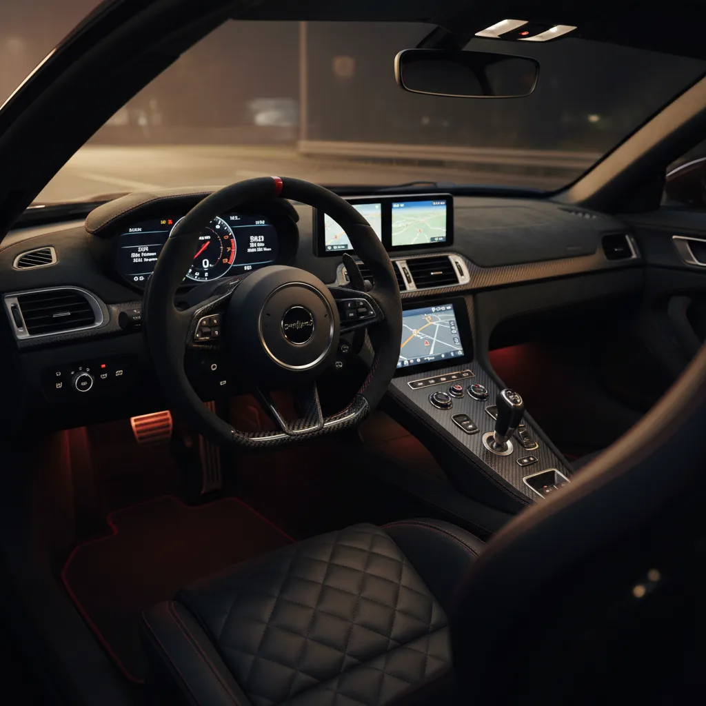 Cabina de coche deportivo centrada en el conductor