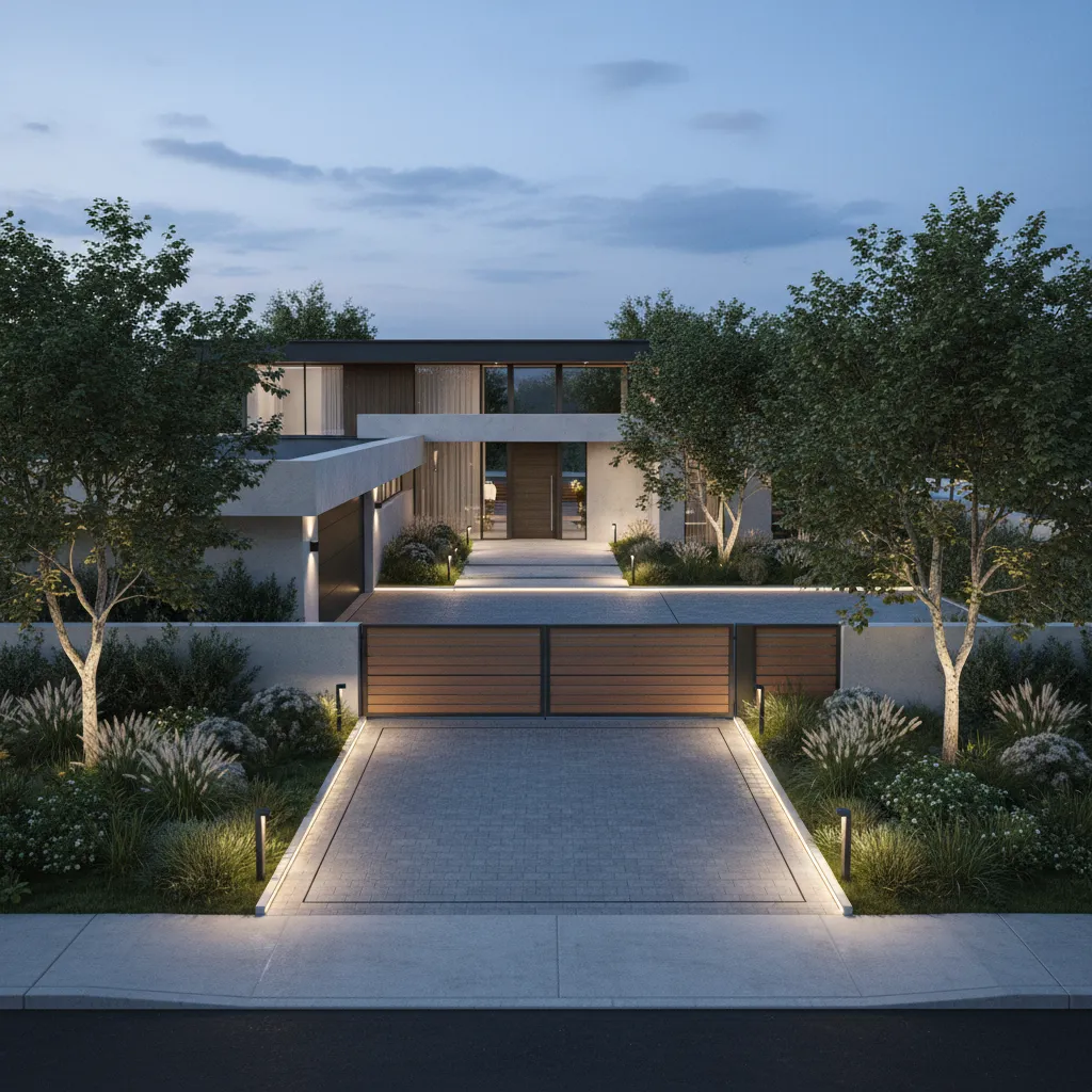 Driveway layout showing safe vehicle clearance near automatic gate