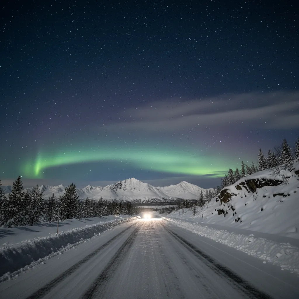 Car driving toward clear starry sky with clouds behind during aurora hunt