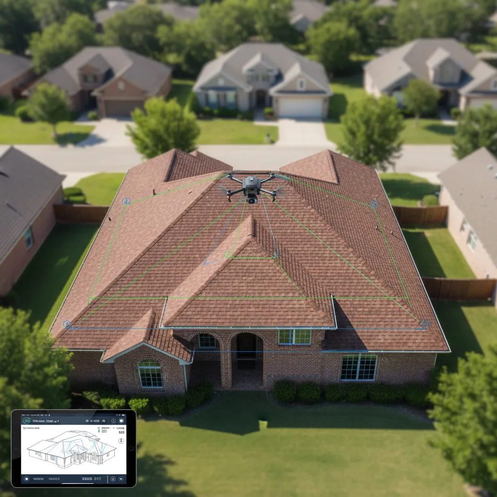 drone capturing aerial measurements of a residential roof for digital modeling