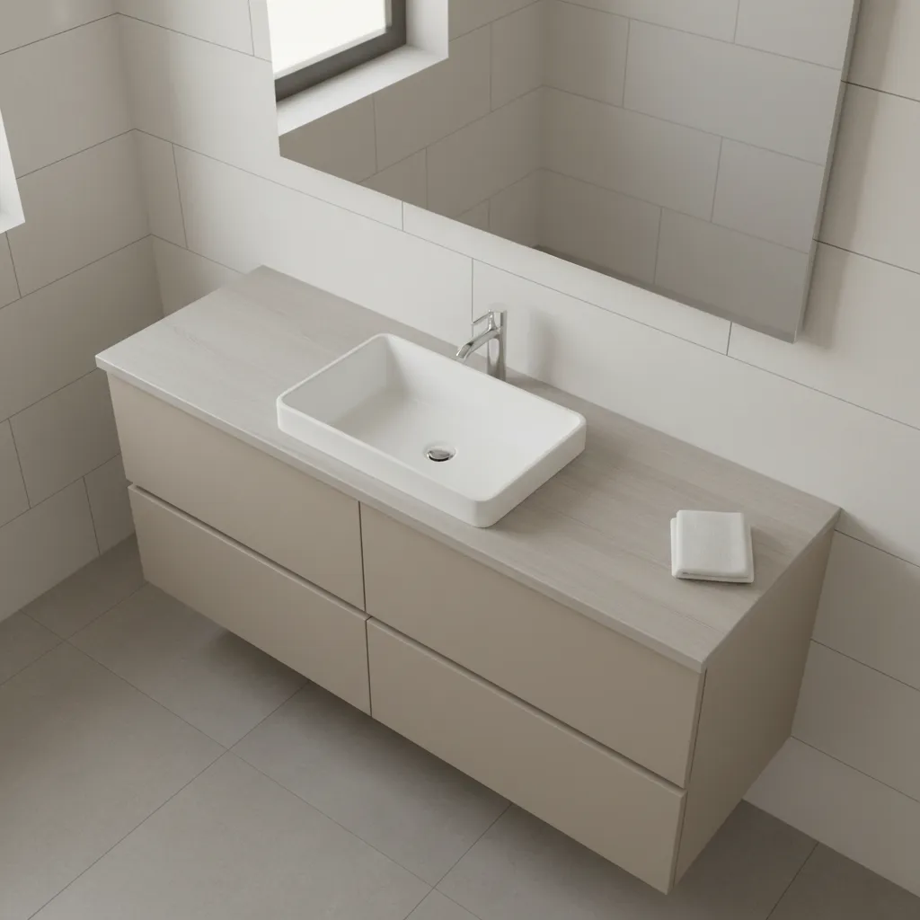 drop-in bathroom sink with visible rim installed on vanity countertop