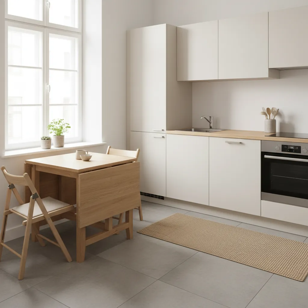 Minimalist white kitchen with wooden table folding chair grey floor window plants and beige rug