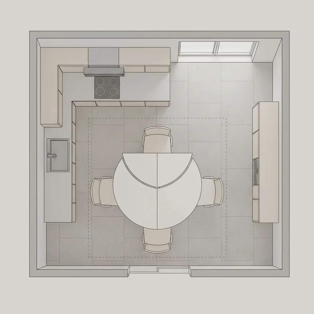 Kitchen layout showing walking clearance around drop leaf table