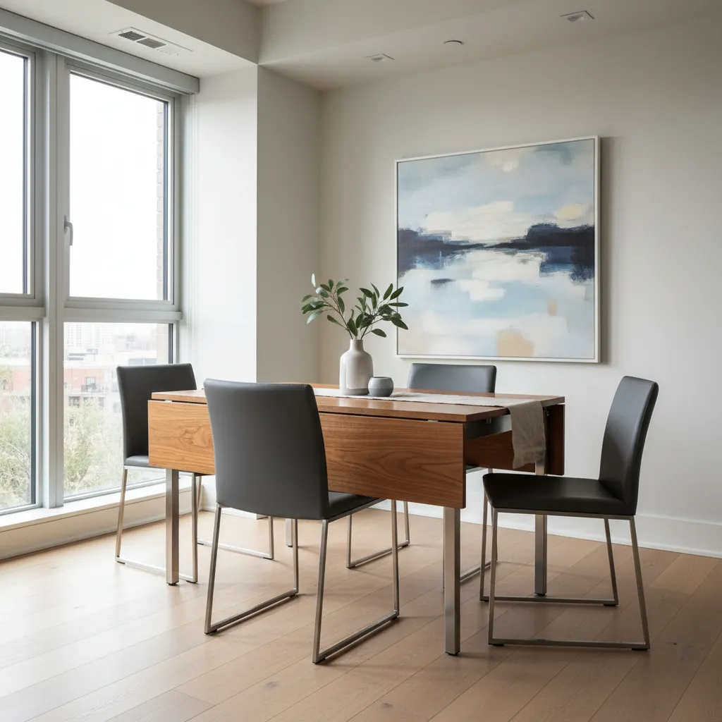 Drop leaf dining table expanded to seat four people