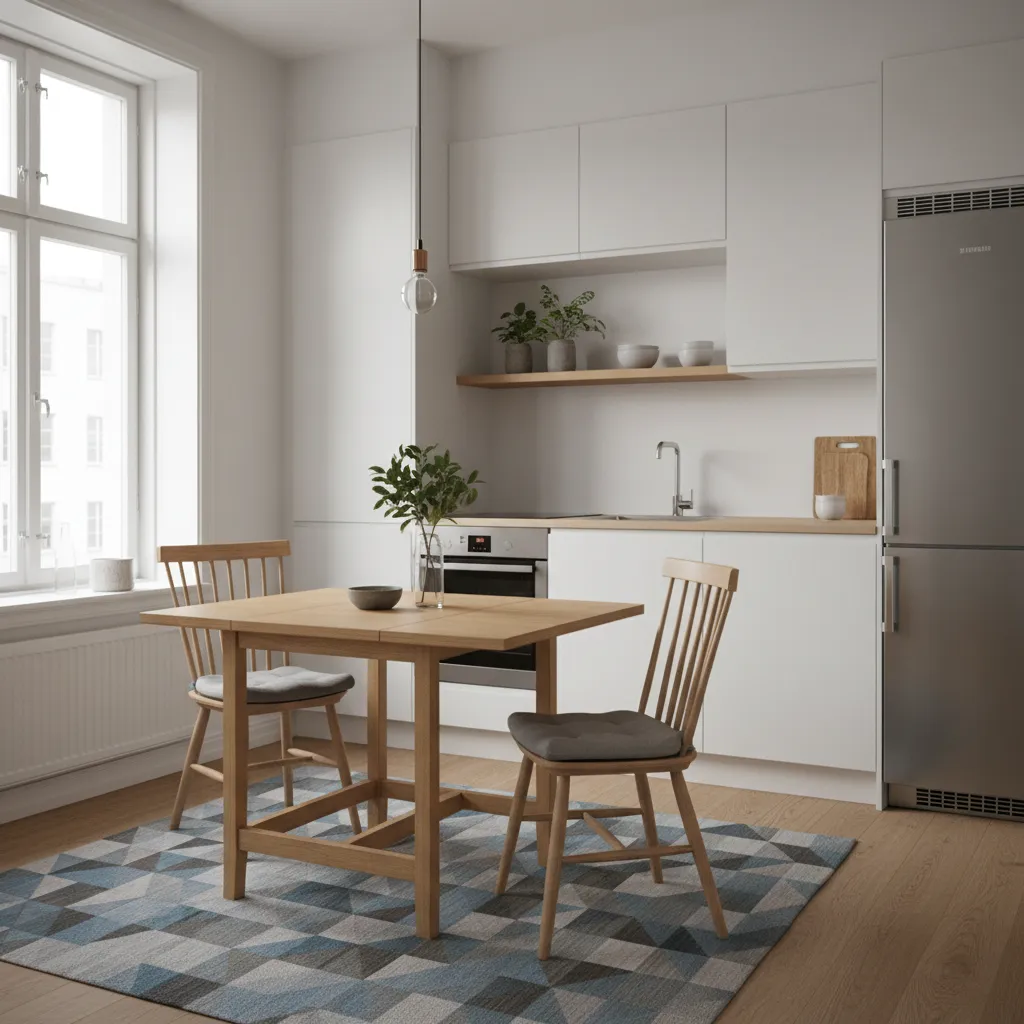 Drop leaf table expanded for dining in a compact kitchen