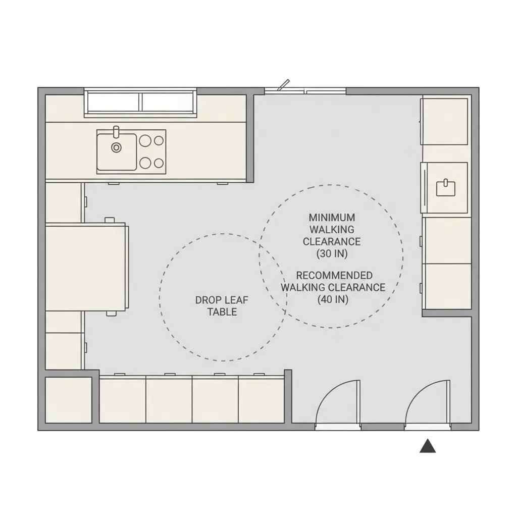 Small kitchen layout diagram showing drop leaf table placement