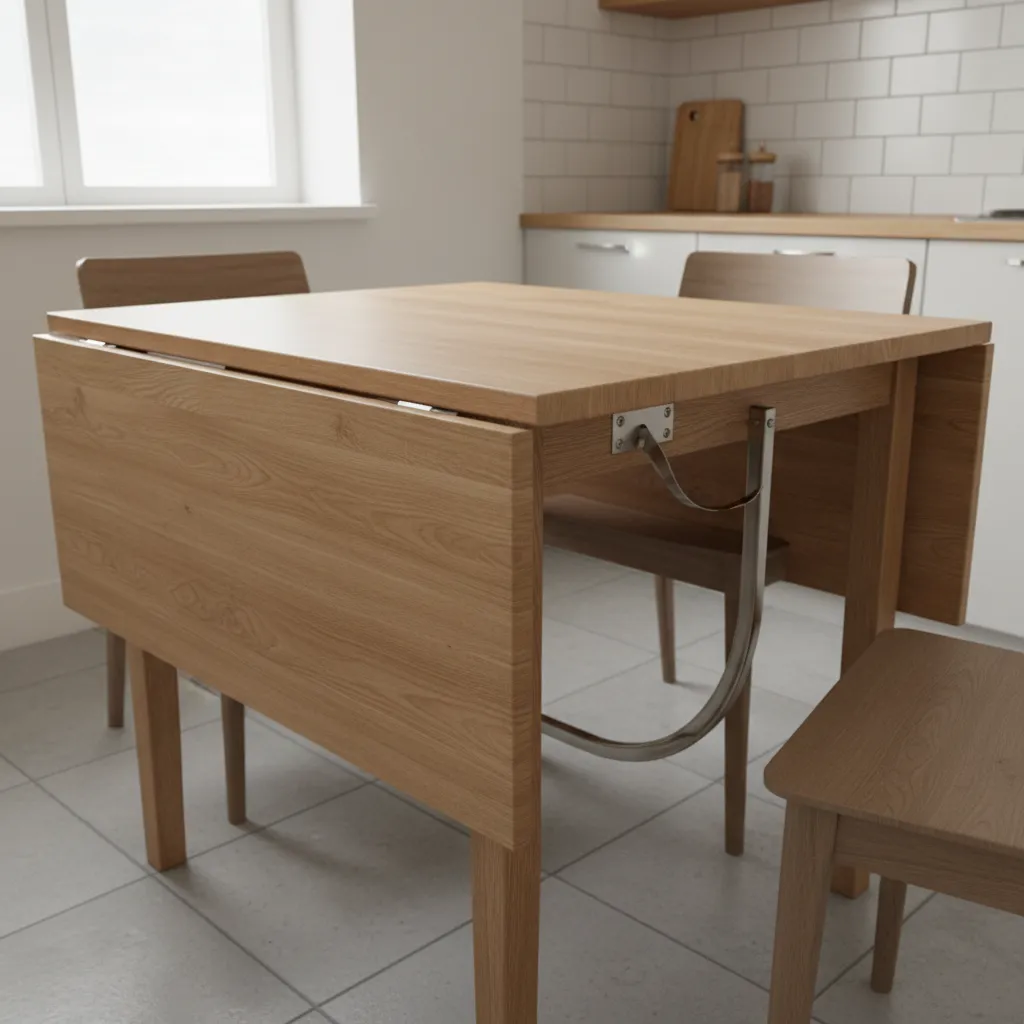 wooden drop leaf table with one leaf raised showing hinge and support bracket