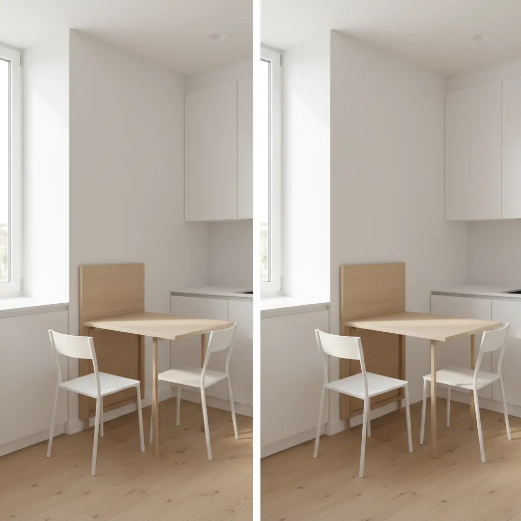 Drop leaf dining table against wall in compact kitchen