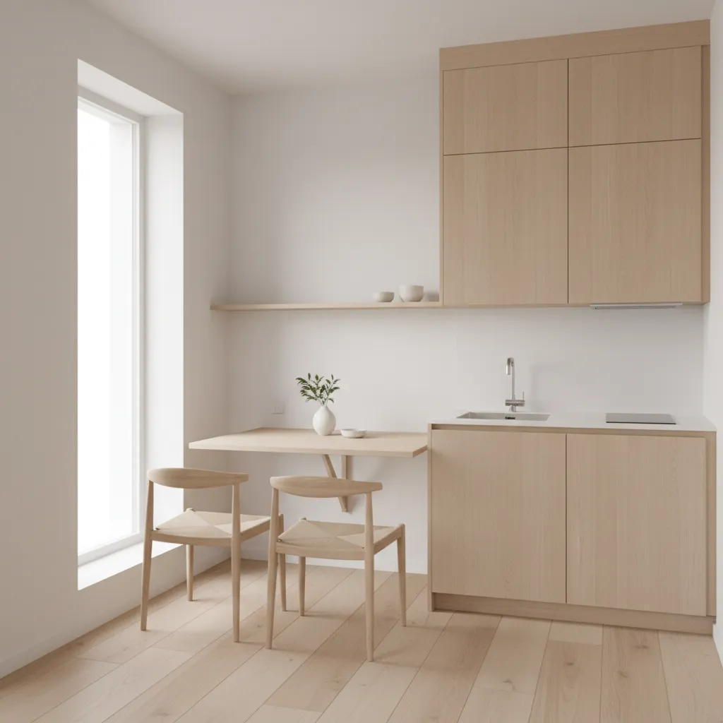 Compact kitchen with wall mounted drop leaf table folded down