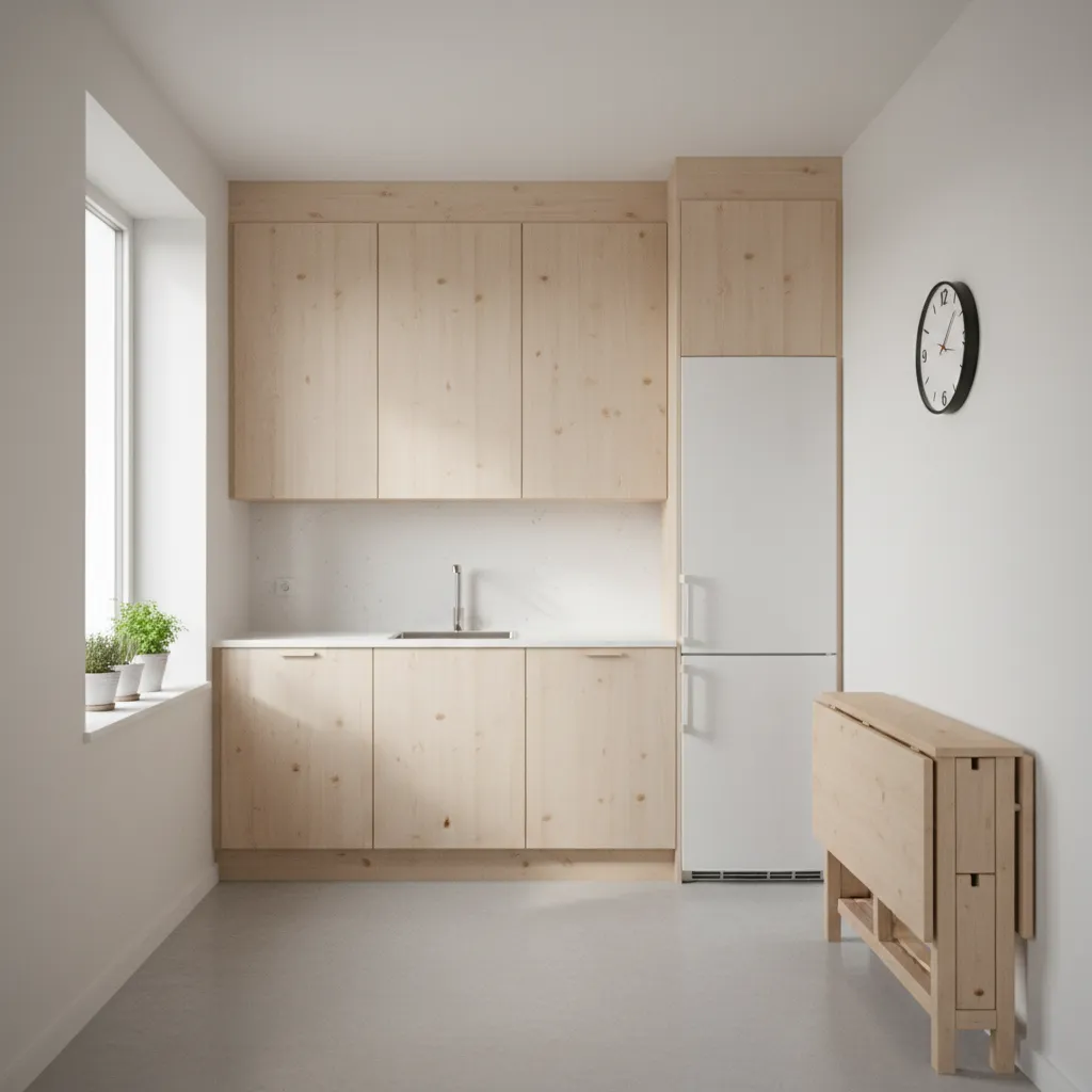 Small kitchen with drop leaf table folded against wall