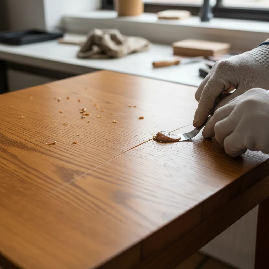 repairing scratches on wooden drop leaf table surface with wax filler stick