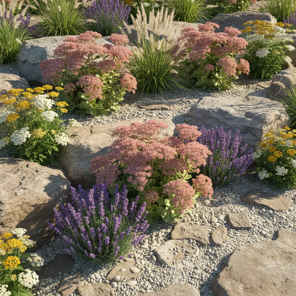 Sedum lavender and ornamental grasses planted in decorative rock flower bed