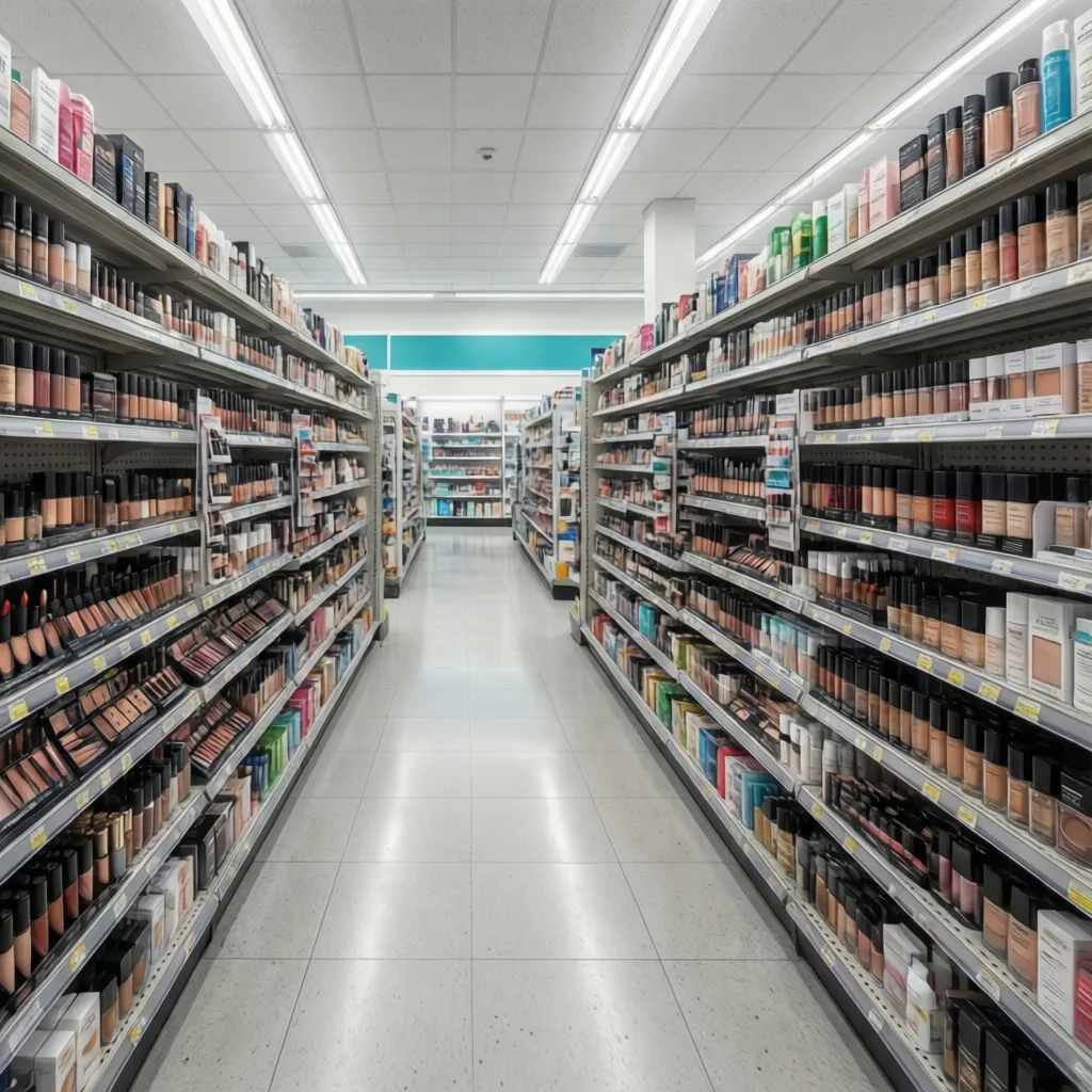 Drugstore cosmetic aisle with high density gondola shelving and organized product categories