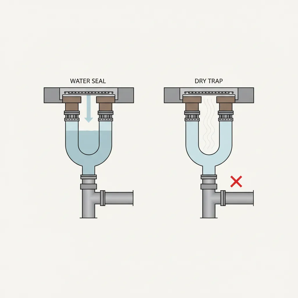 Cutaway diagram of laundry floor drain showing dry P-trap