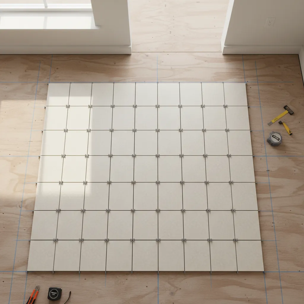 Dry fitted floor tiles arranged across a room to check layout alignment