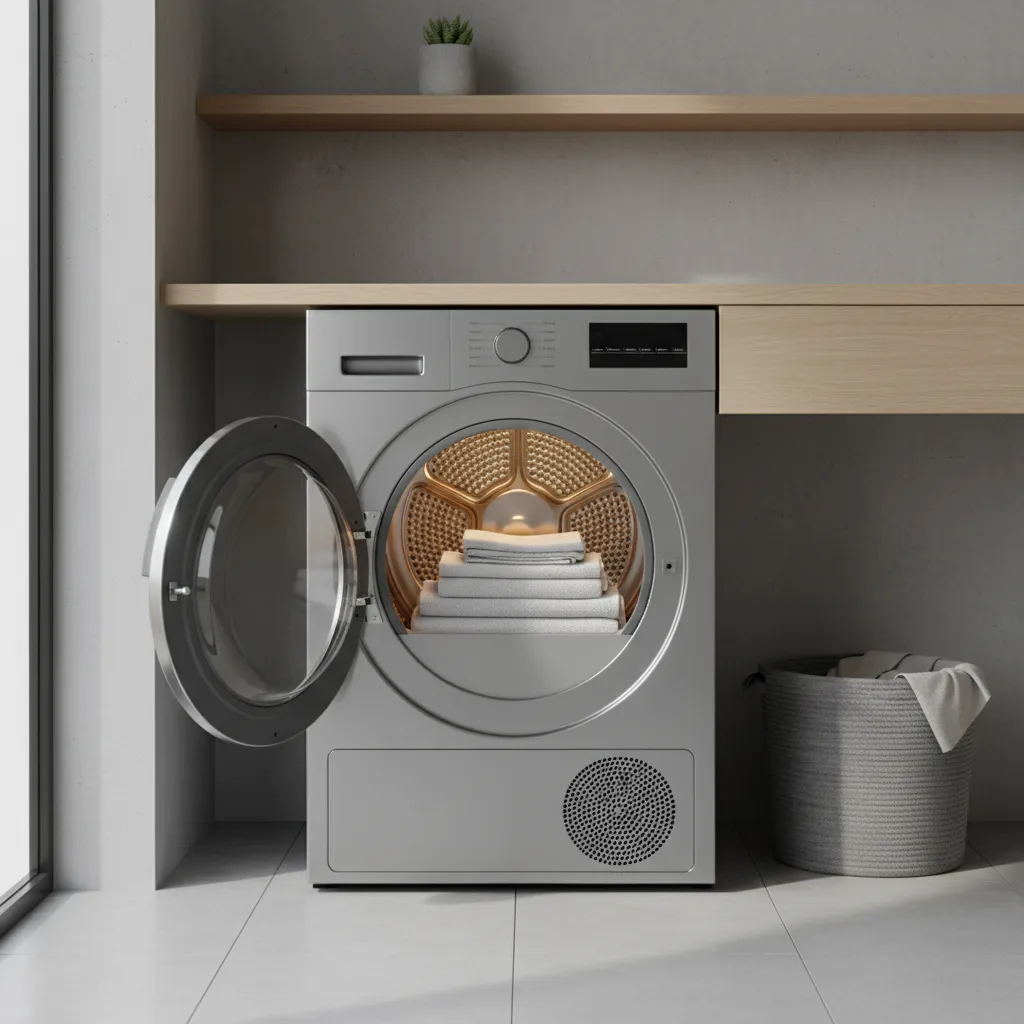 modern clothes dryer with warm lighting and clean towels illustrating heat drying hygiene