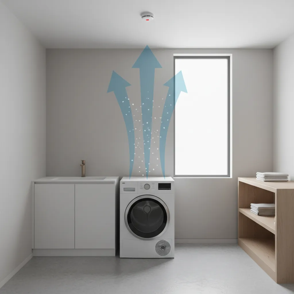 visual showing dryer lint airflow rising toward ceiling detector