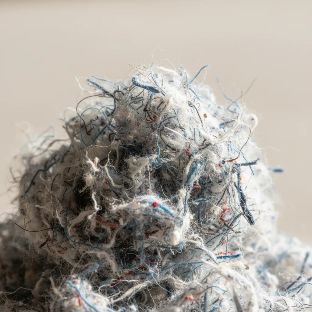 Close up of dryer lint fibers showing fluffy texture