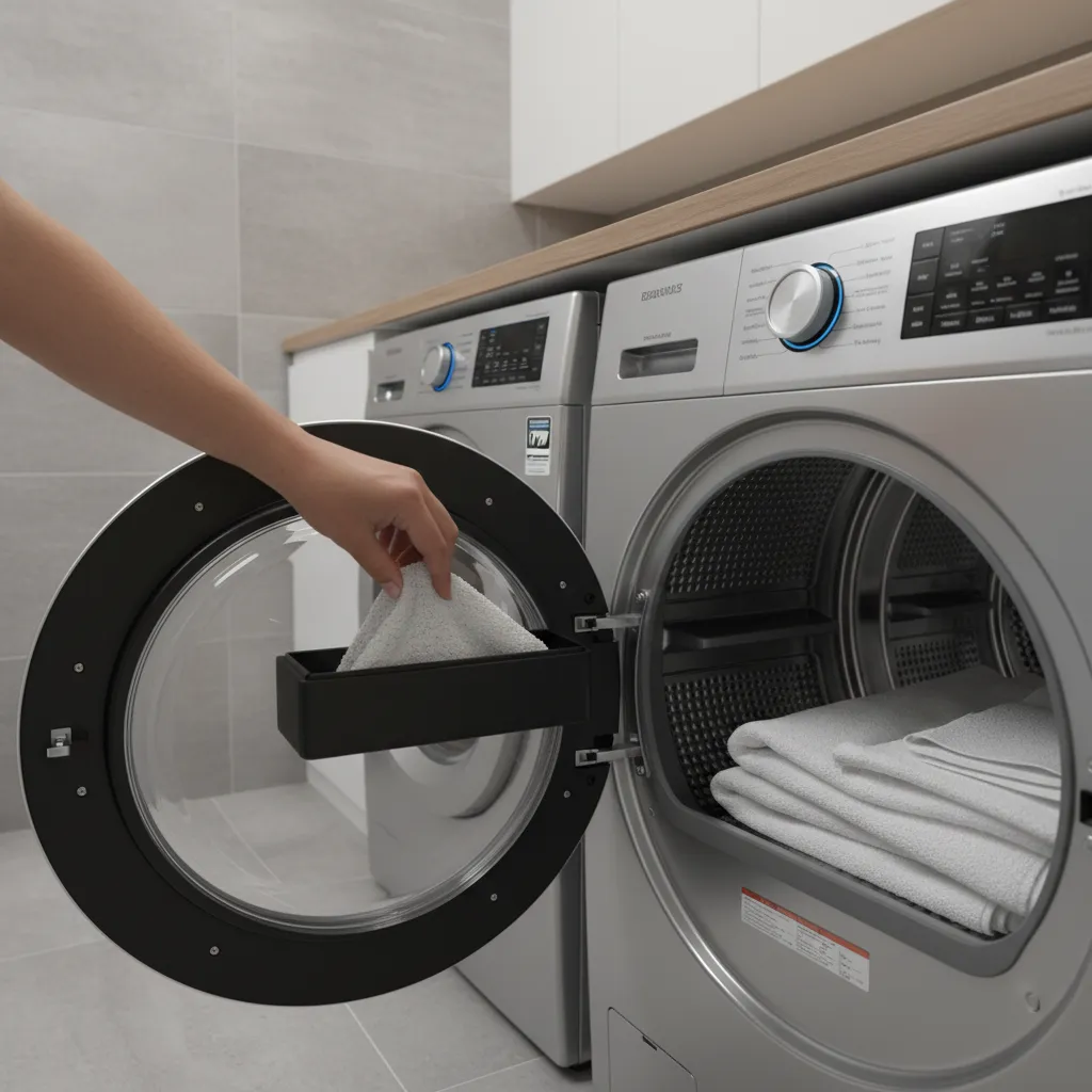 Person removing lint from dryer lint trap in laundry room