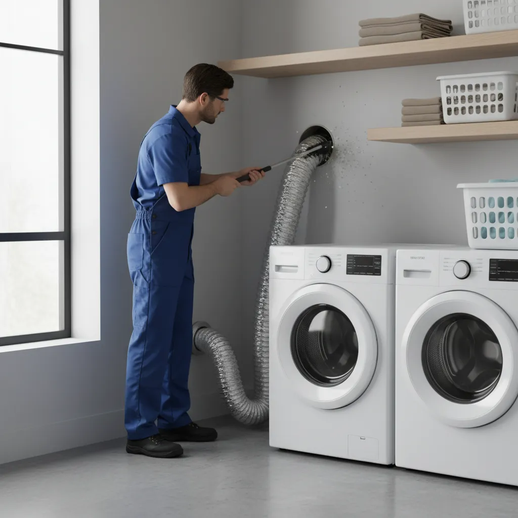Dryer vent hose being cleaned behind a laundry machine