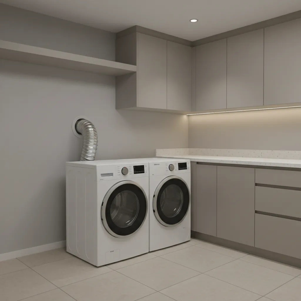 Dryer vent clearance behind appliance with surrounding cabinets