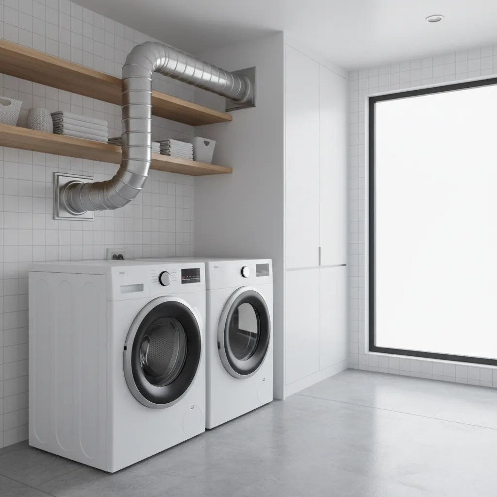 Laundry room dryer with metal ventilation duct connected to exterior vent