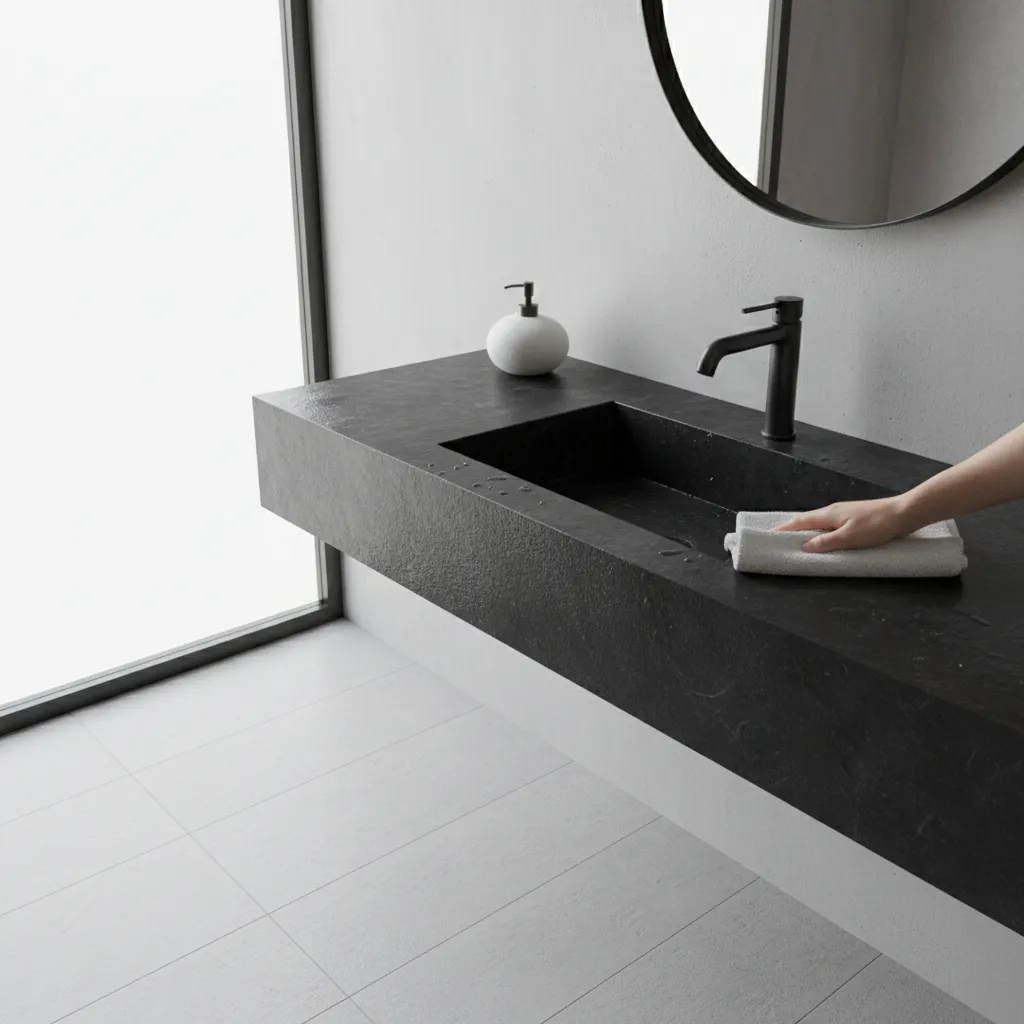 drying black bathroom countertop with towel to prevent water marks