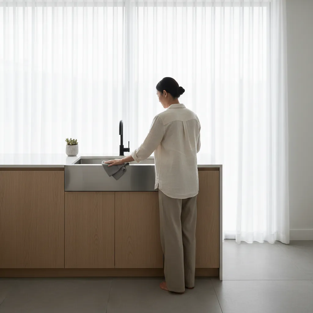 Drying stainless steel sink with microfiber cloth to prevent rust