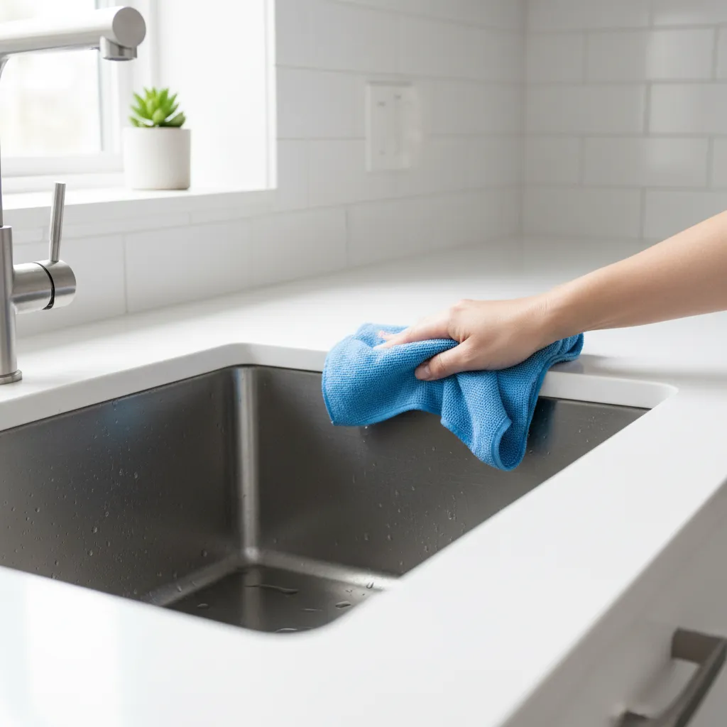 drying kitchen sink with microfiber cloth to prevent water stains