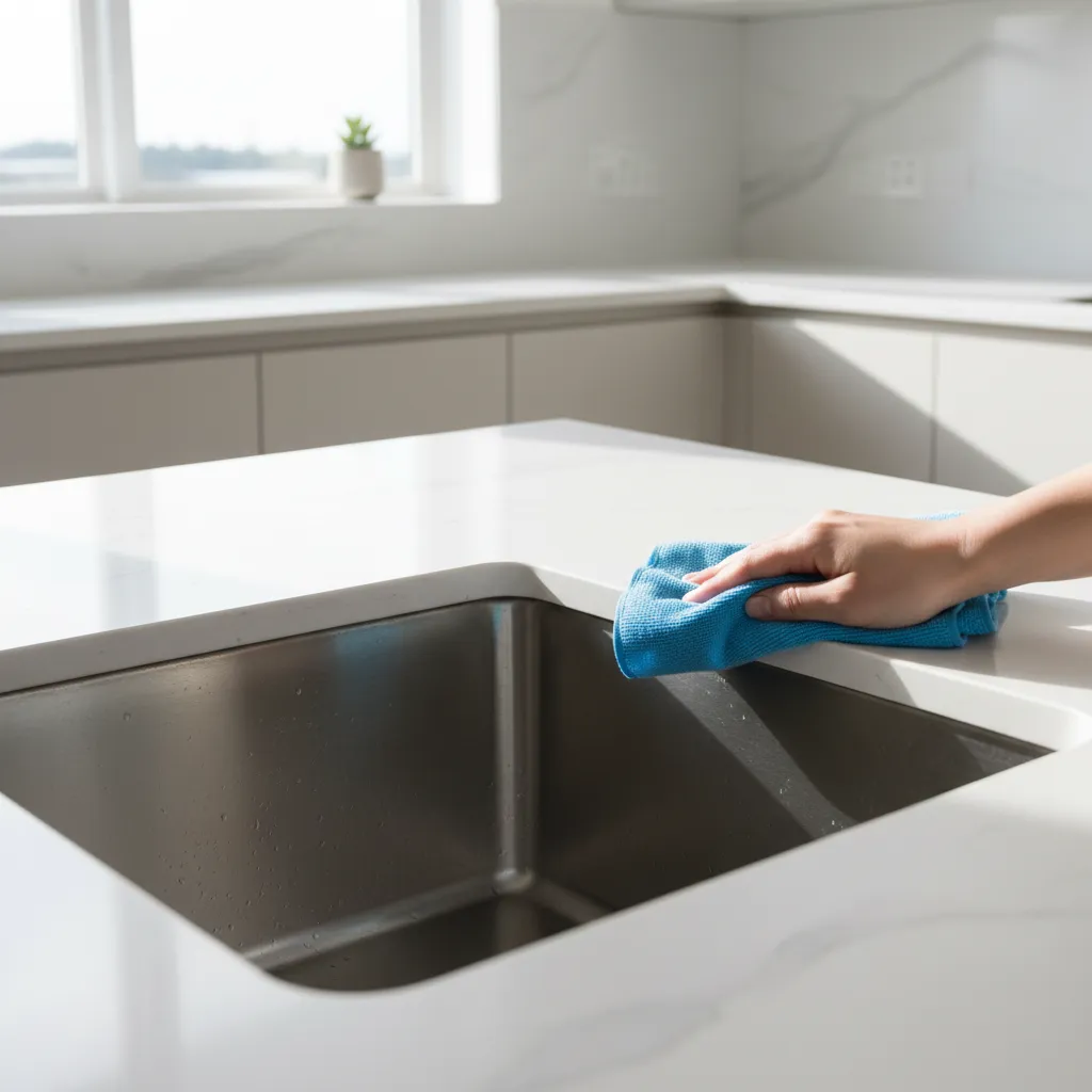 Drying a stainless steel kitchen sink with microfiber cloth to prevent mineral spots