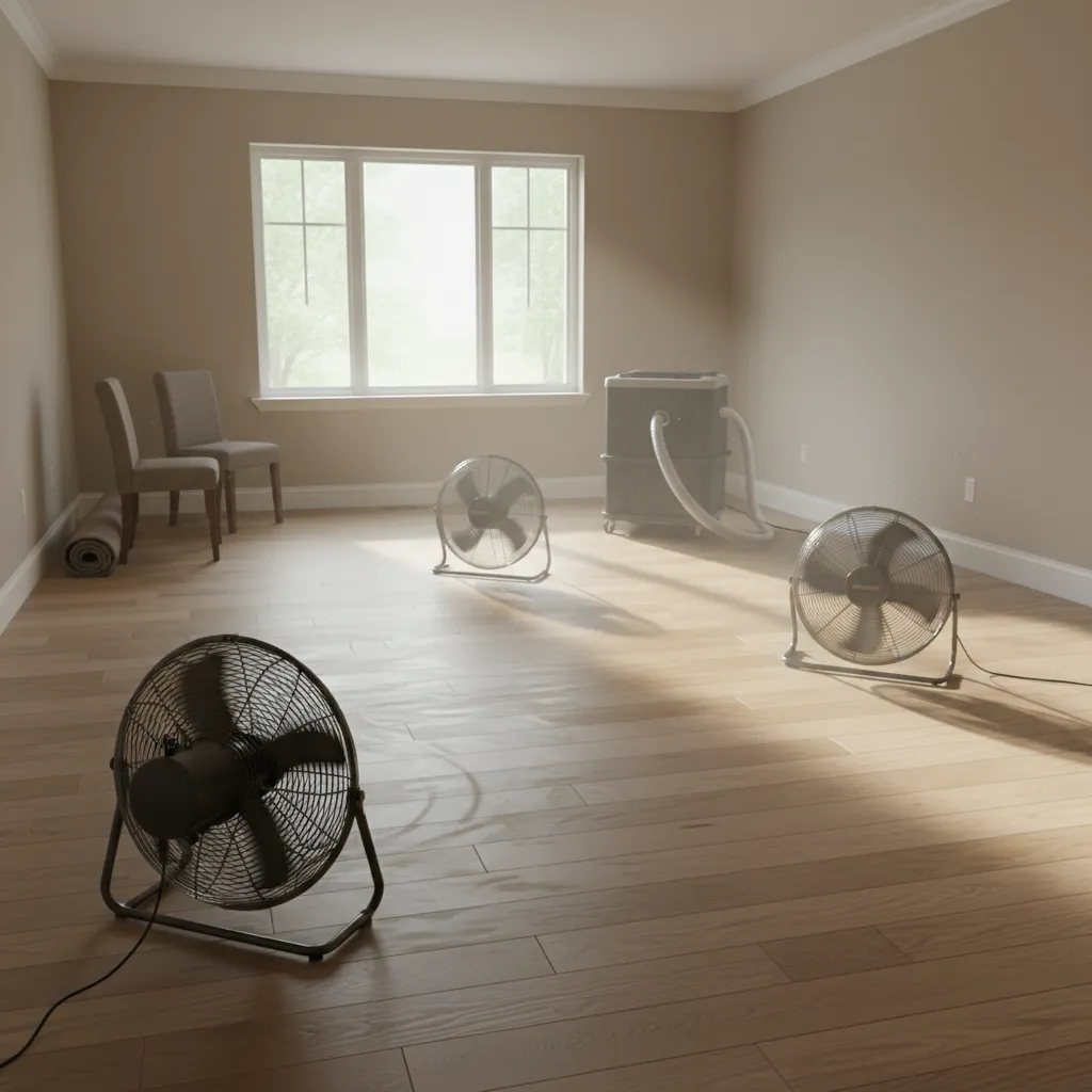 fans drying engineered hardwood floor after water exposure