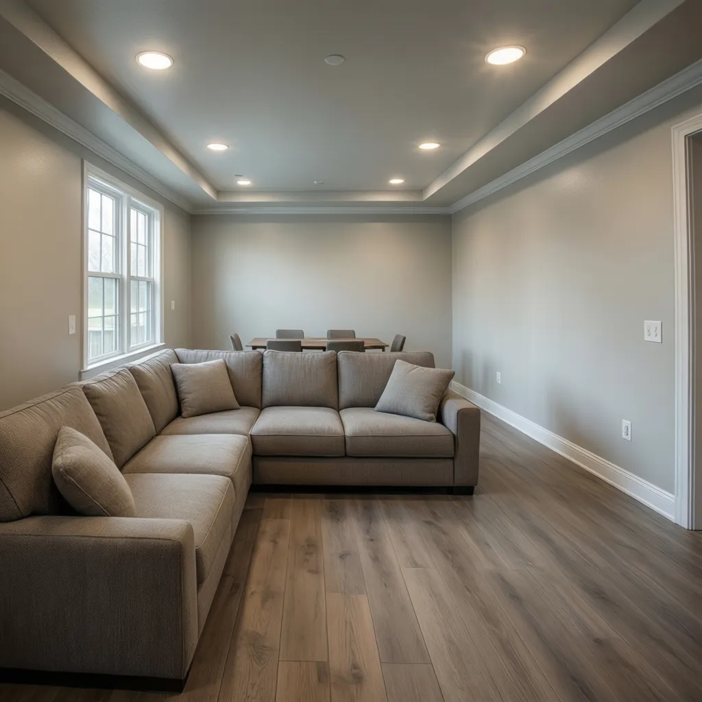 Smooth painted drywall walls in a finished basement living area