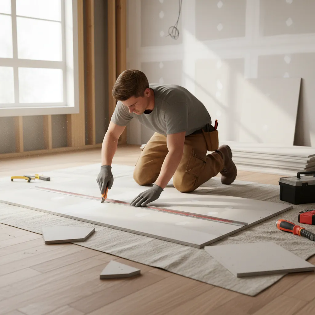 Drywall sheets being cut with visible offcuts demonstrating material waste