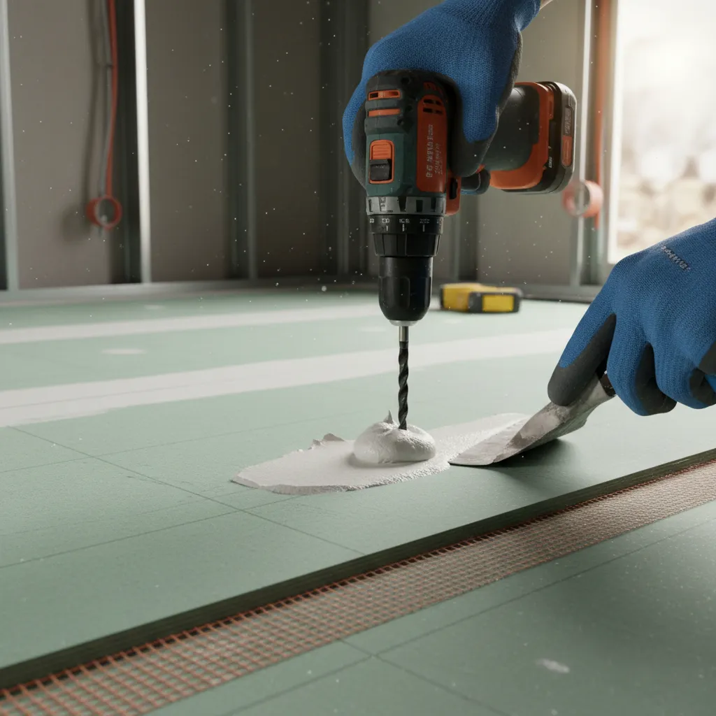 Close-up of corrosion resistant screws and joint compound on waterproof drywall