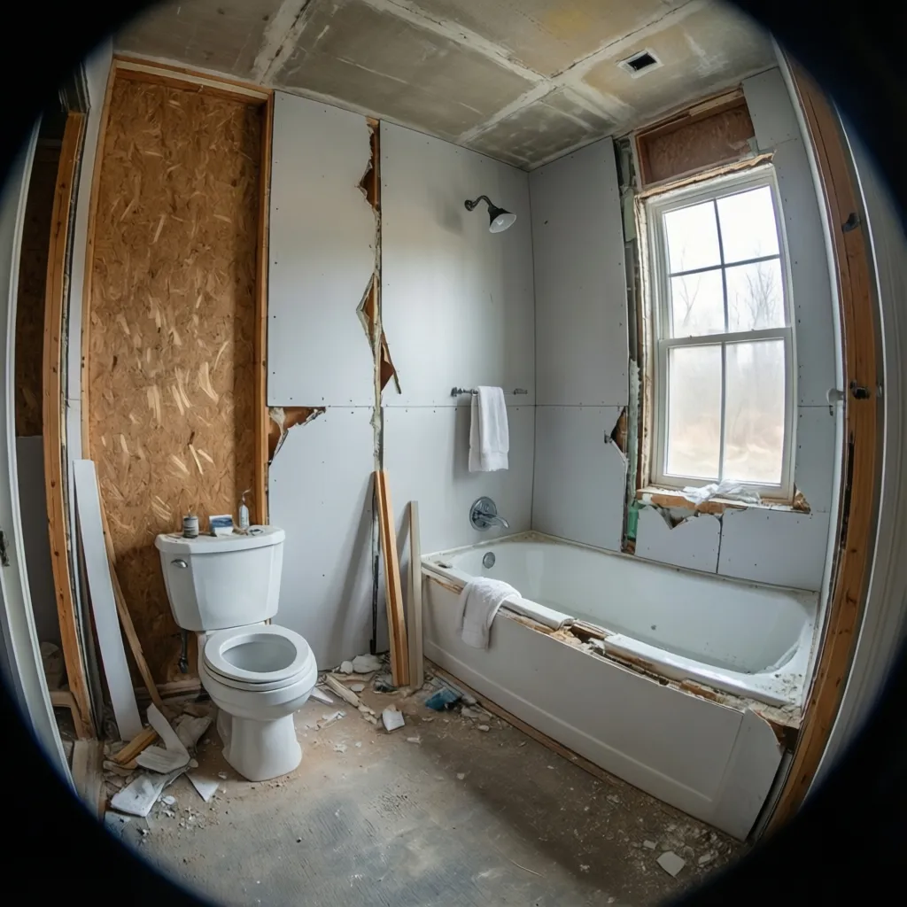 Improper drywall installation in a bathroom wet area with exposed seams