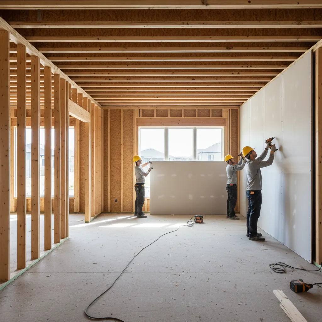 Residential home interior with drywall panels installed on wood studs