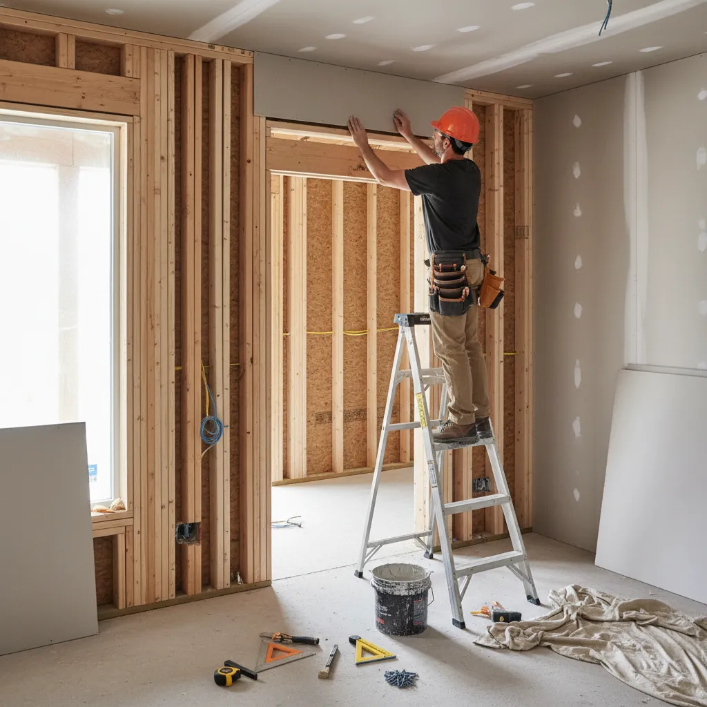 Contractor installing smaller drywall pieces above a doorway