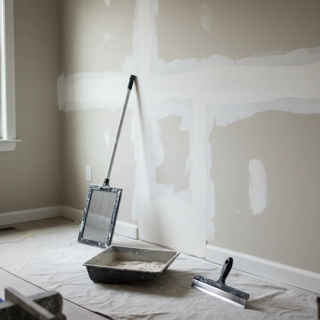 repairing drywall patches on living room wall before repainting