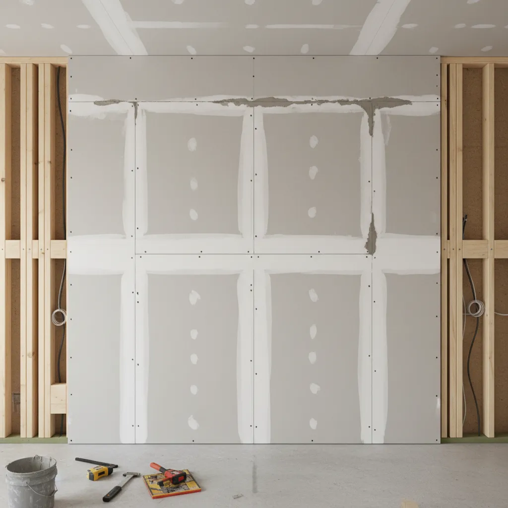 Wall showing seam difference between 4x8 and 4x12 drywall sheets