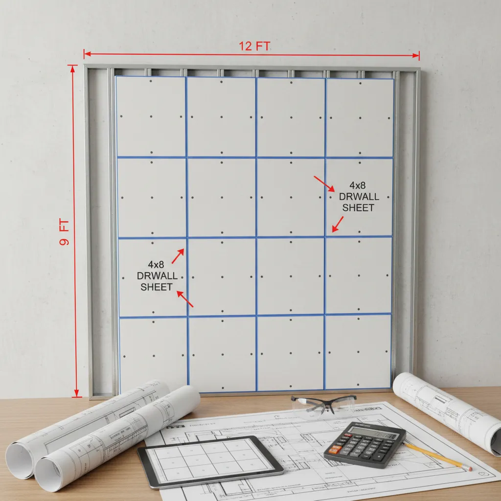 Diagram showing drywall sheet calculation from wall surface area measurements