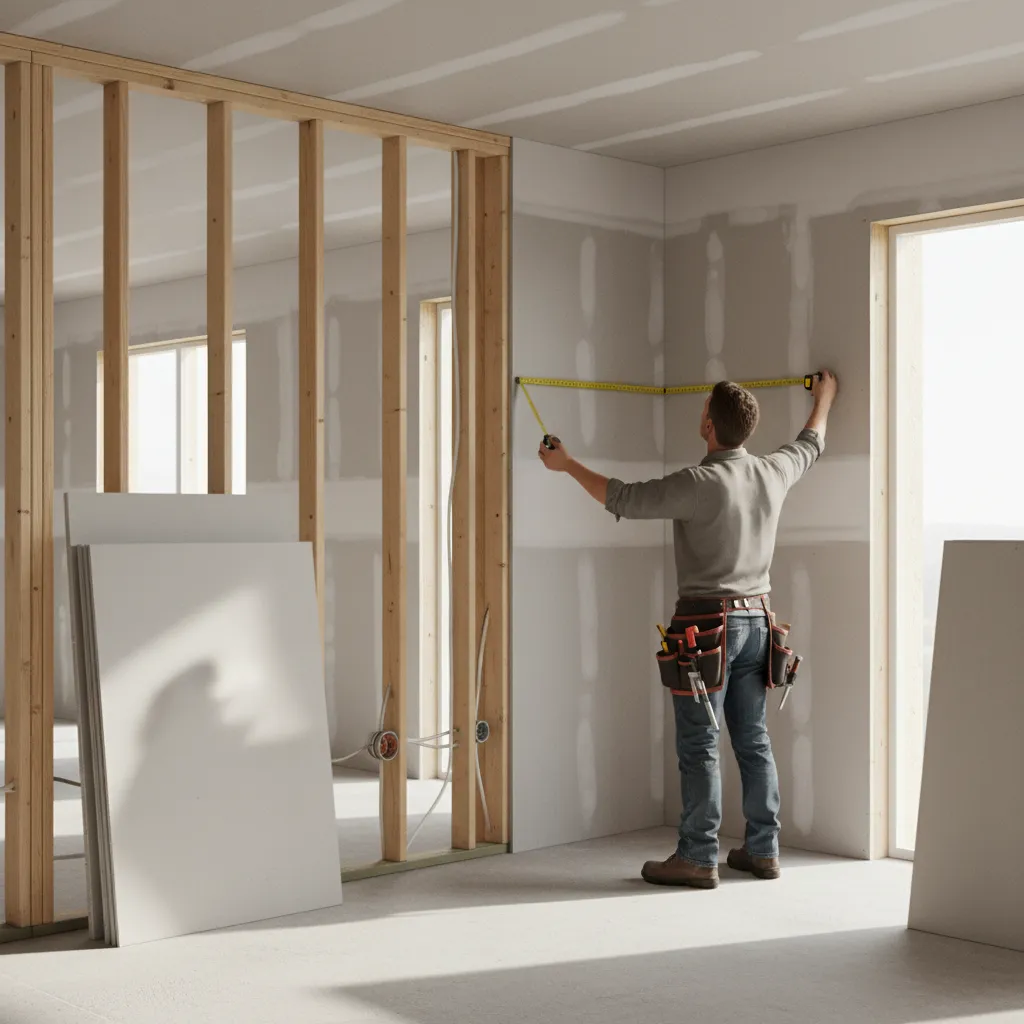 Contractor measuring wall height and width for drywall surface area calculation