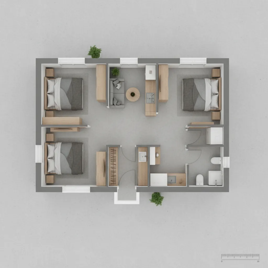 3D interior design drawing of a small house with three bedrooms, living room, kitchen, bathroom