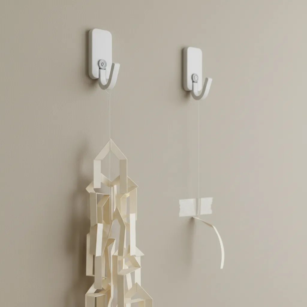 Diagram style view of dual anchor mounting method for paper wall decor