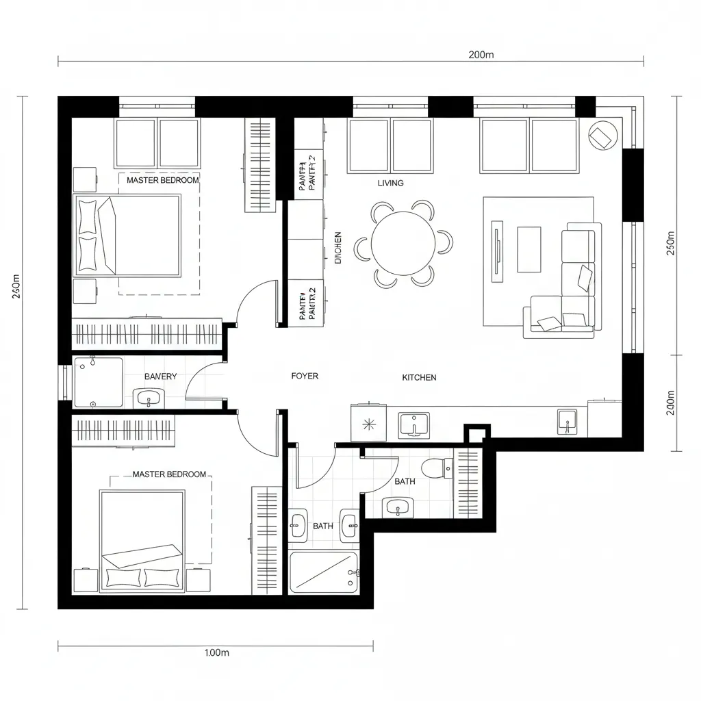 Top-down CAD plan of corner dual-aspect 2-bedroom with cross-ventilated living