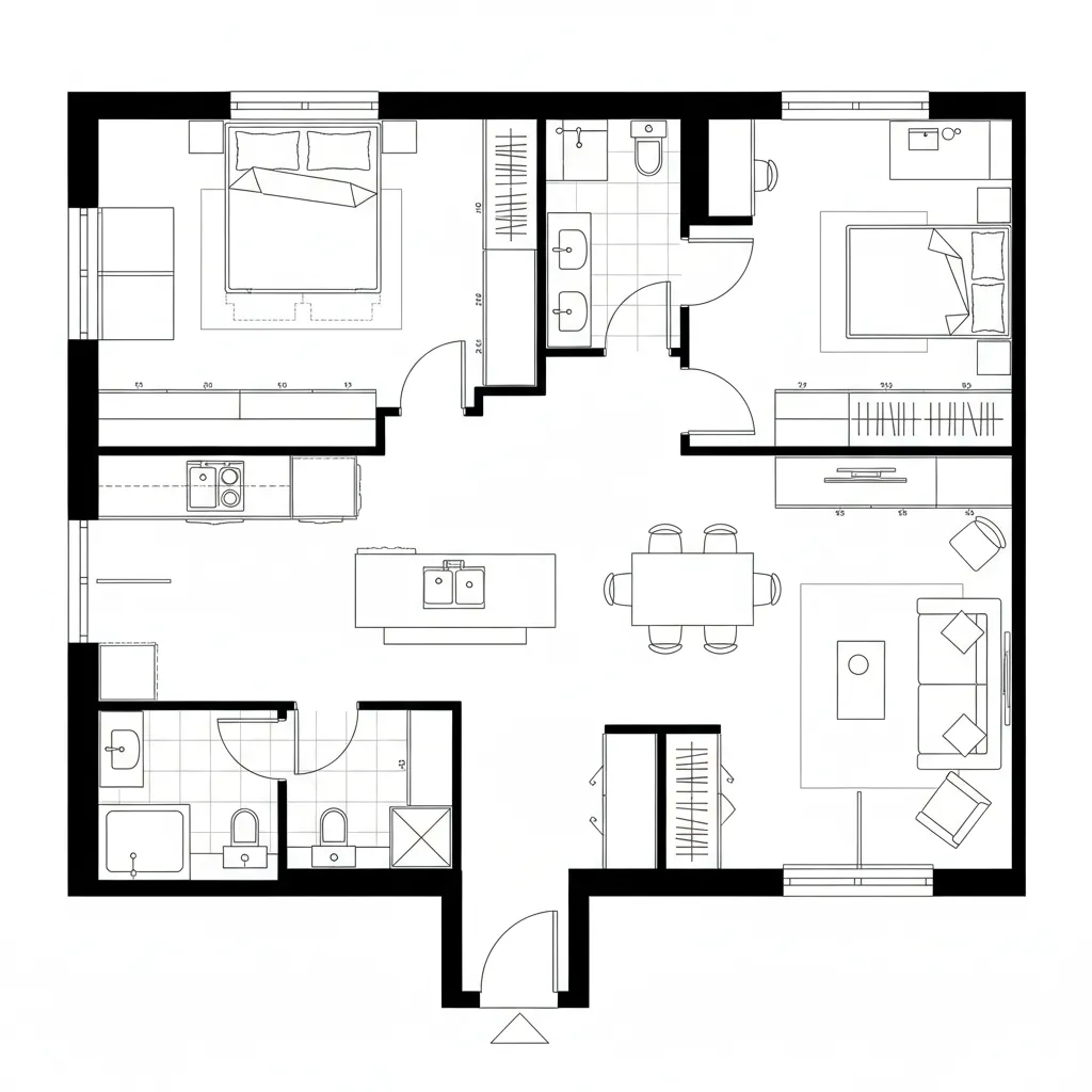 Top-down CAD plan of a dual-aspect compact 2-bedroom with central core and flexible second room